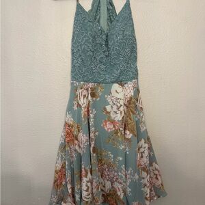 David’s Bridal Floral Lace Halter Dress - Blue and Pink